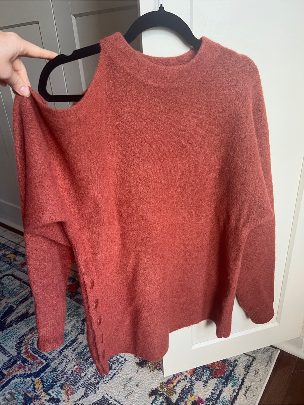 Tibi Asymmetric Cold Shoulder Button Detail Knit Sweater Rust XS